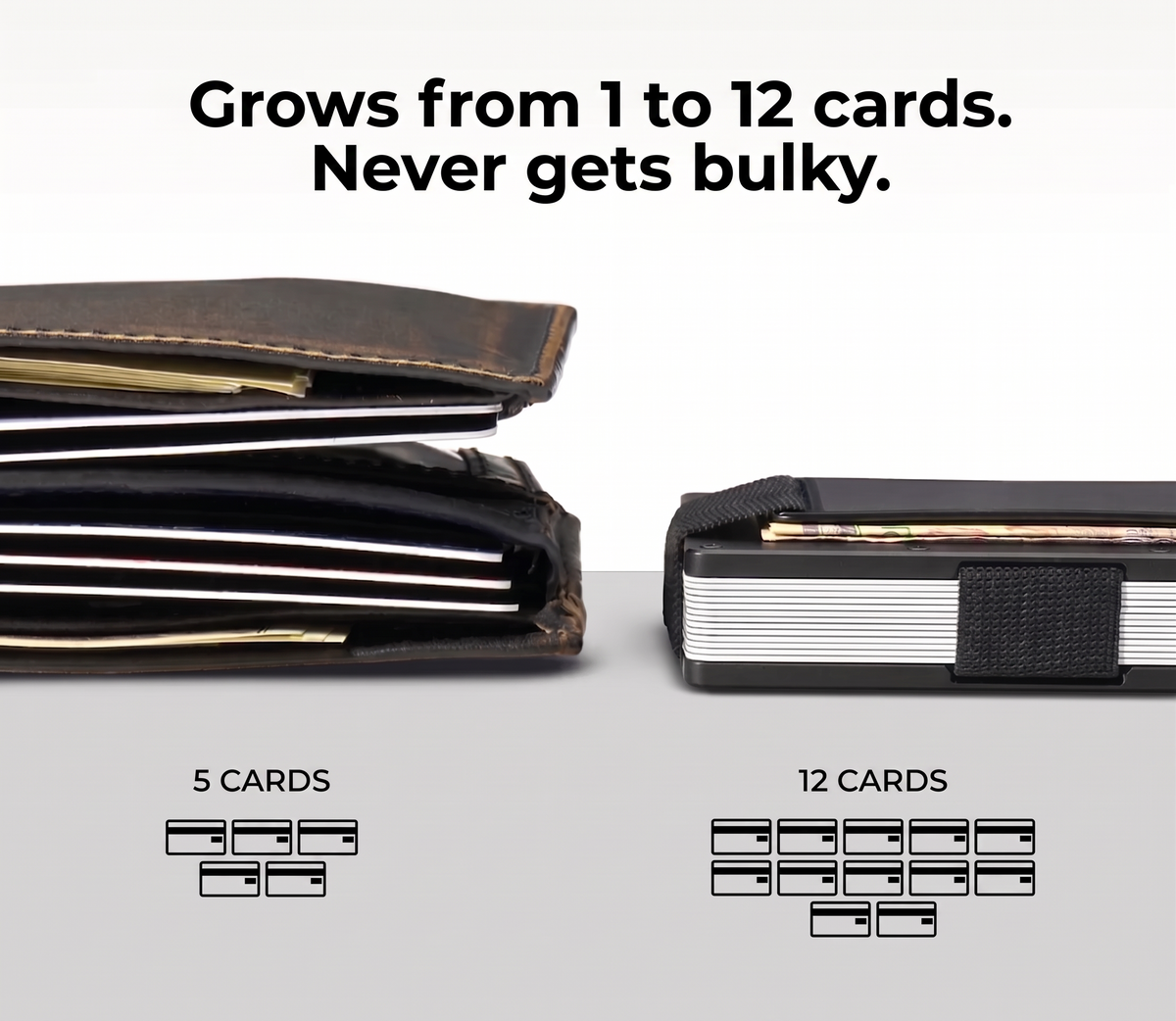 Holds 1 to 12 cards without getting bulky