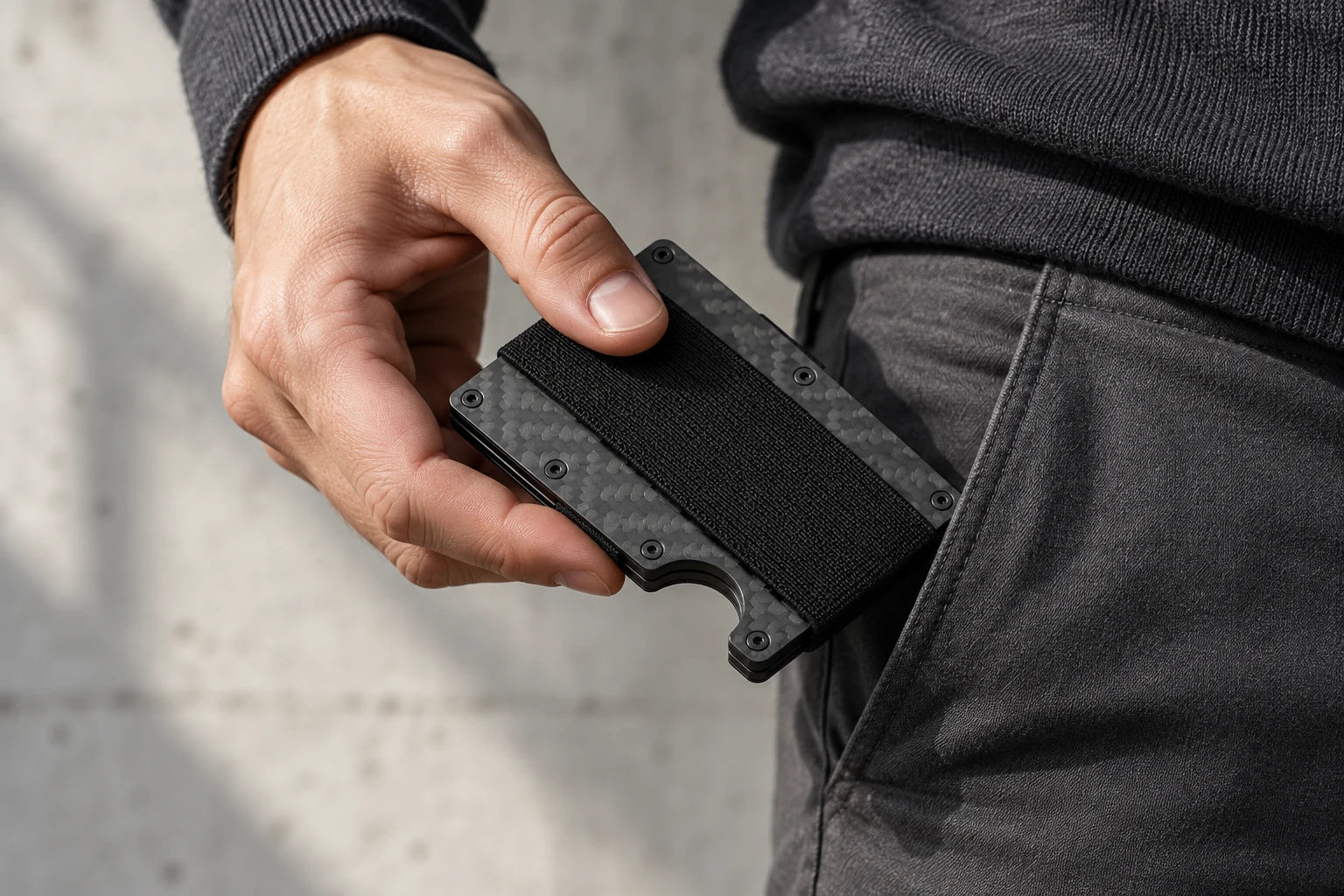 A hand holding the aluminum Sekage Slim Wallet in its Carbon Fiber finish beside a trouser pocket