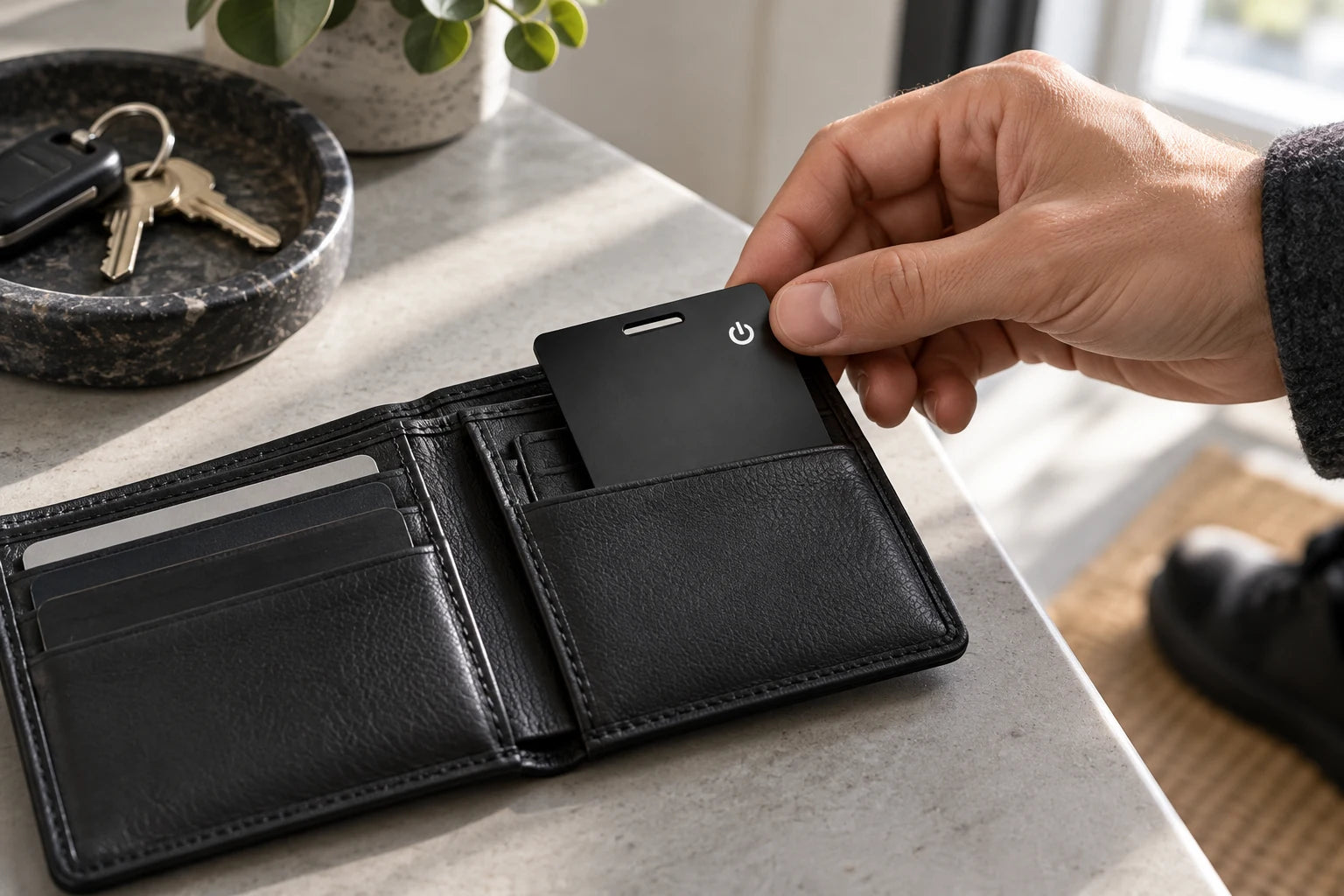 A Tracking Card being placed in a wallet
